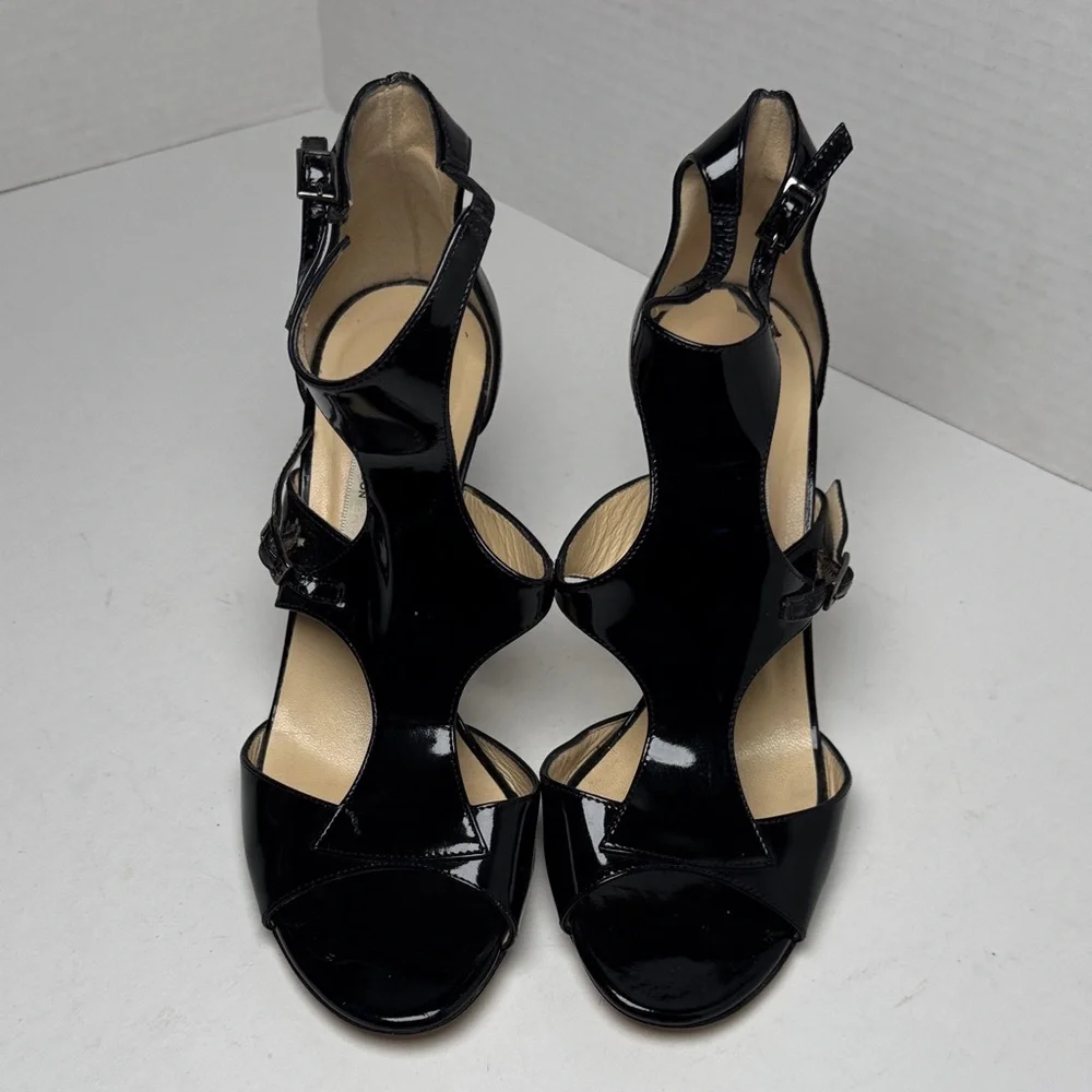 JIMMY CHOO Lotus Glossy Black‎ Patent Leather Cut Out Strappy 3" Heels Size 36 - Picture 2 of 15